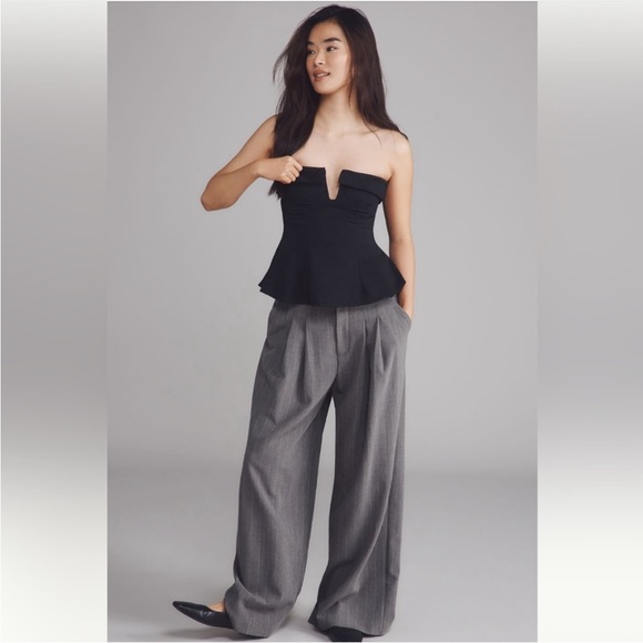 Maeve Anthropologie Black Strapless Plunge Peplum Top Size 4 - Picture 2 of 12